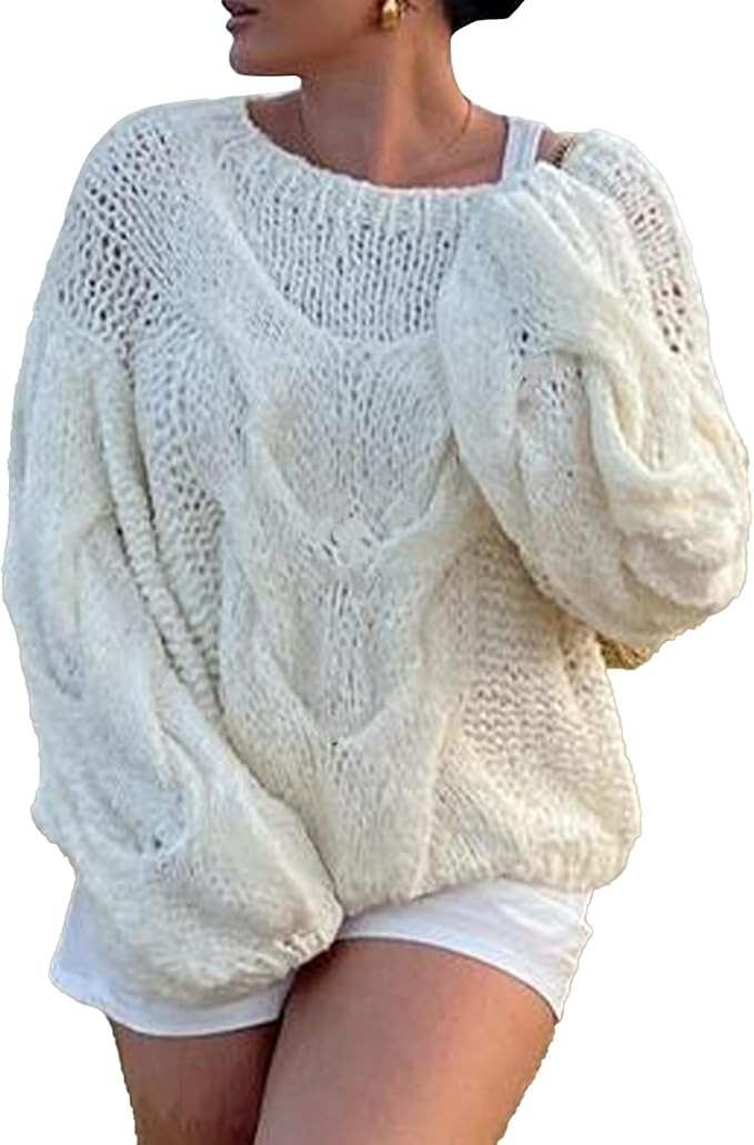 Unybwonn Womens Off The Shoulder Sweaters Oversized Cable Knit Sweater Casual Long Sleeve Slouchy... | Amazon (US)