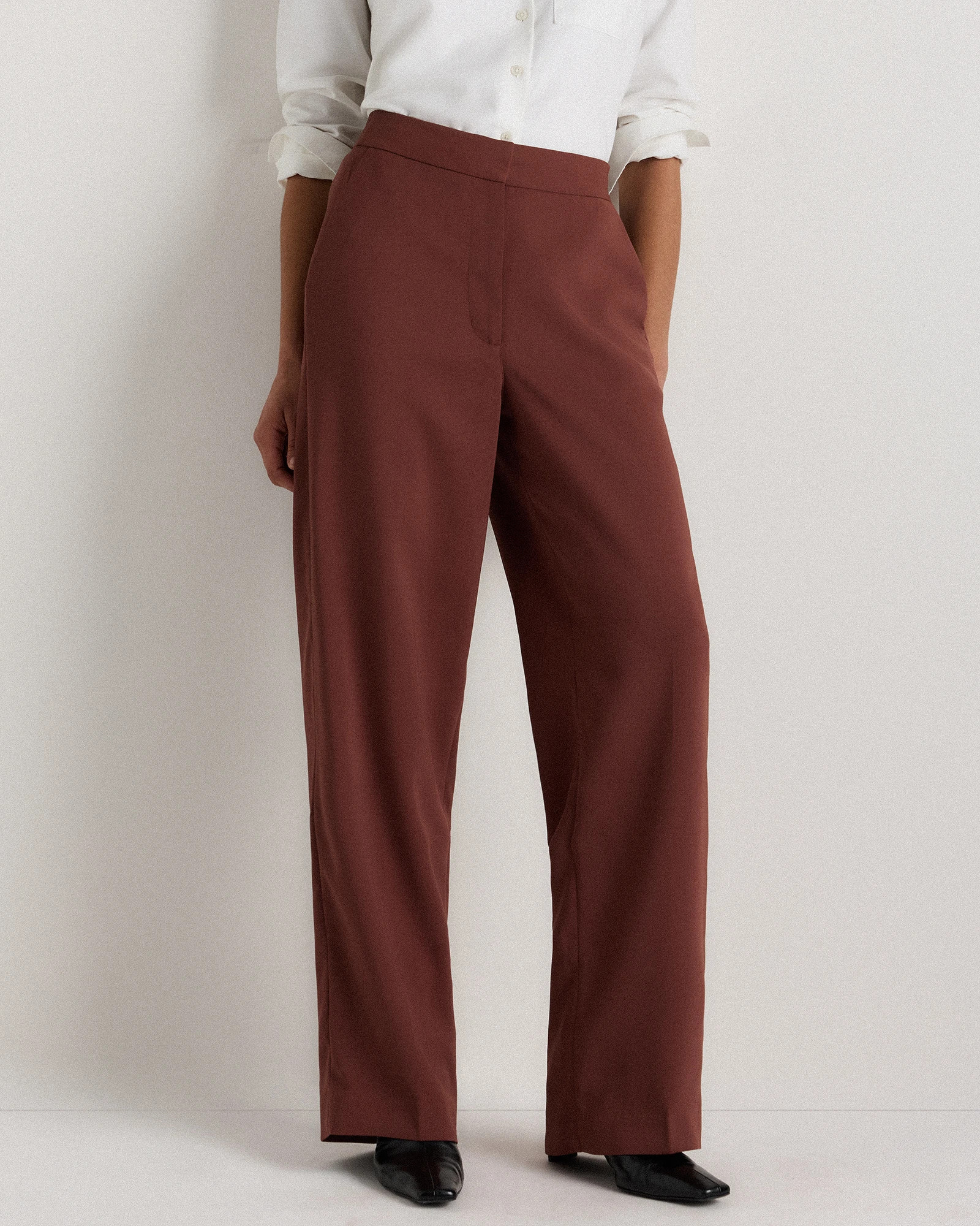 Stretch Crepe Classic Trouser Pants in Redwood Brown | Quince