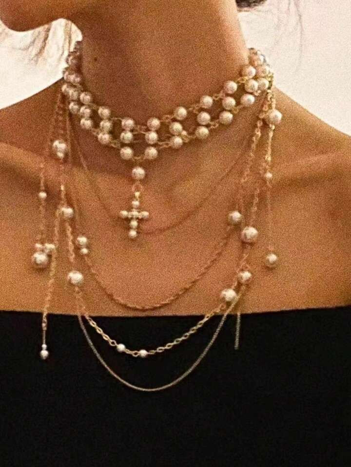 White Multi-Layered Pearl & Cross Pendant Tassel Necklace For Women, Elegant & Fashionable Person... | SHEIN