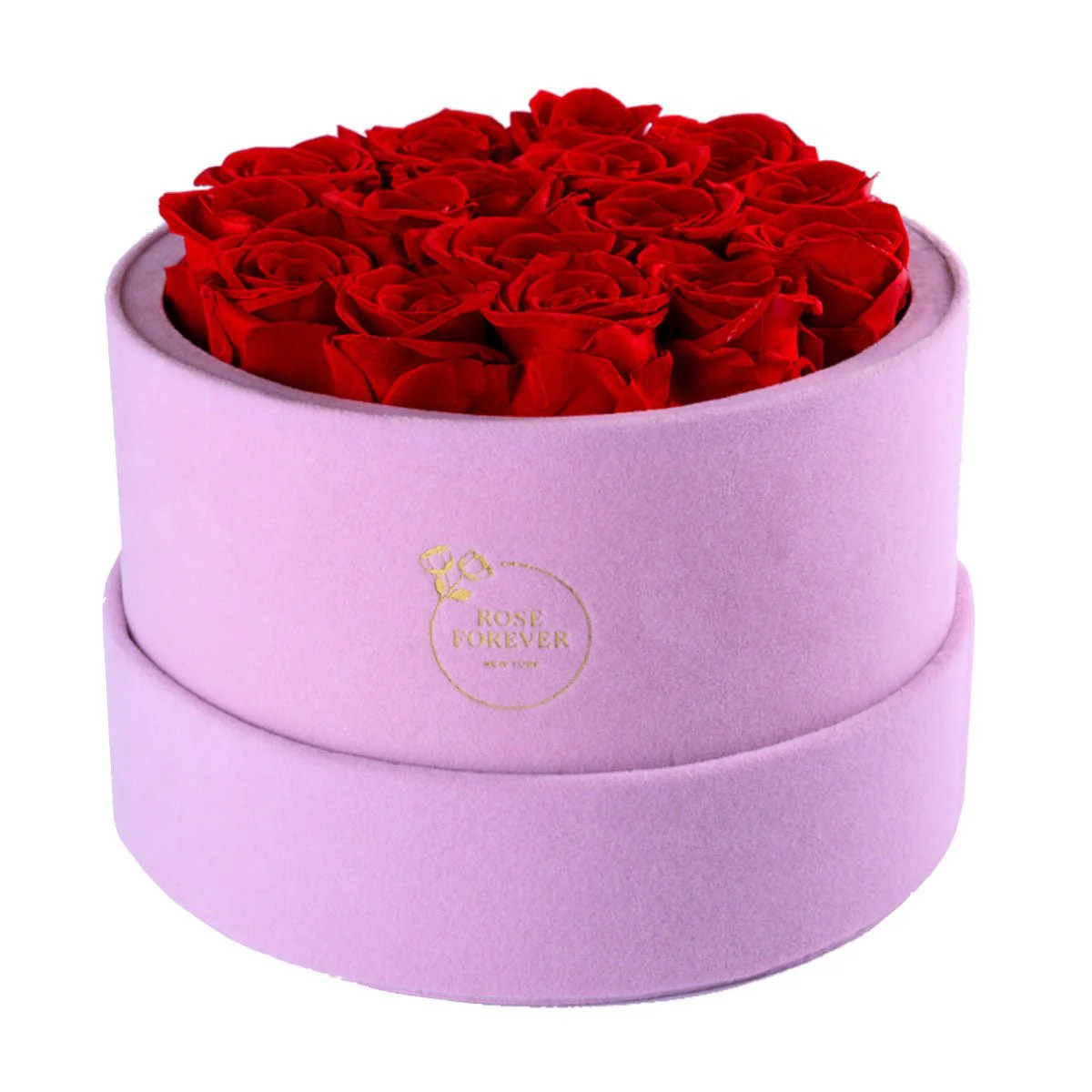 16 Red Roses - Pink Round Suede Box | Rose Forever 