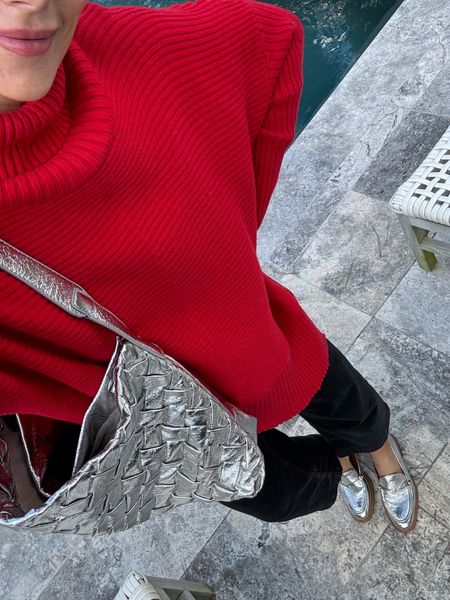 Amazon fashion finds, red tunic length sweater, silver accessories, silver shoes 