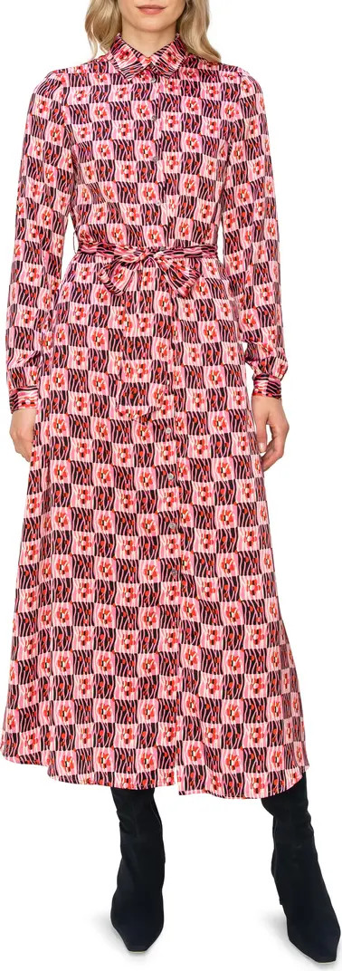 Floral Long Sleeve Tie Belt Satin Shirtdress | Nordstrom