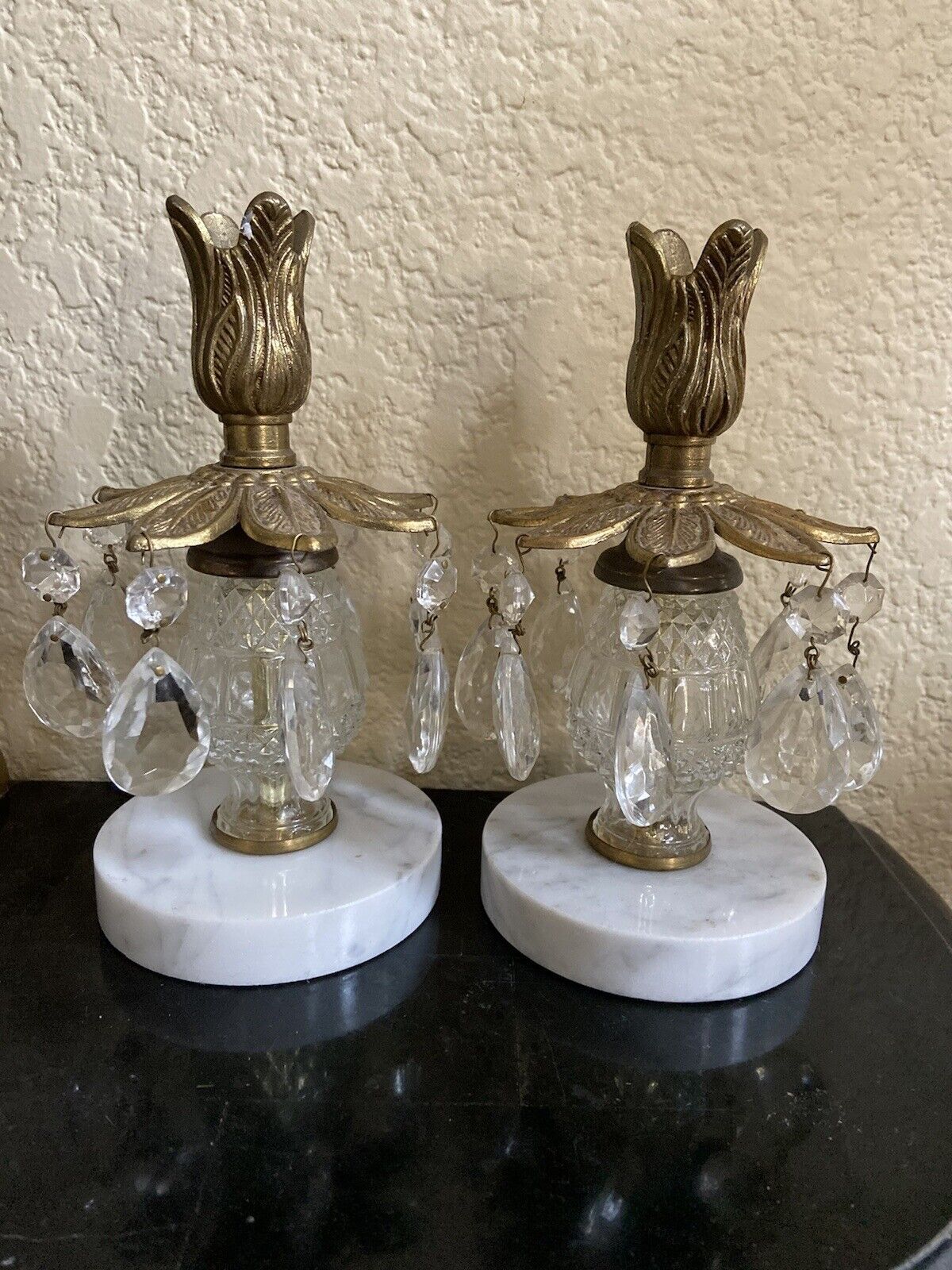 Vintage Set Of 2 Marble Brass Glass Candle Holders With Hanging Crystal Prisms | eBay US