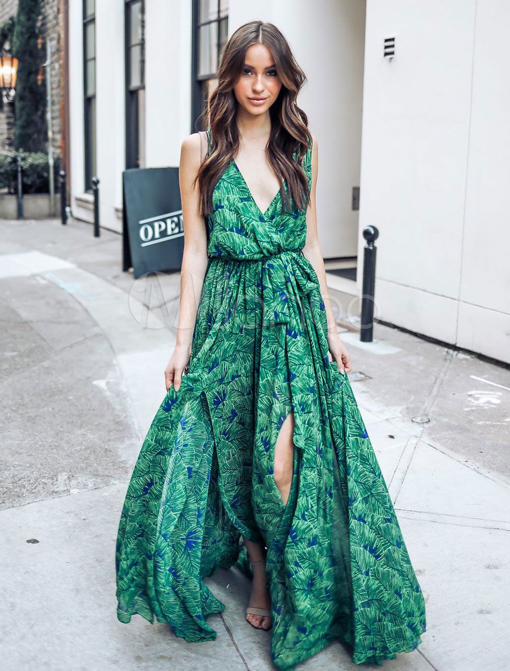 Chiffon Long Dress Sleeveless V Neck Summer Dress Split Leaf Print Green Maxi Dress | Milanoo