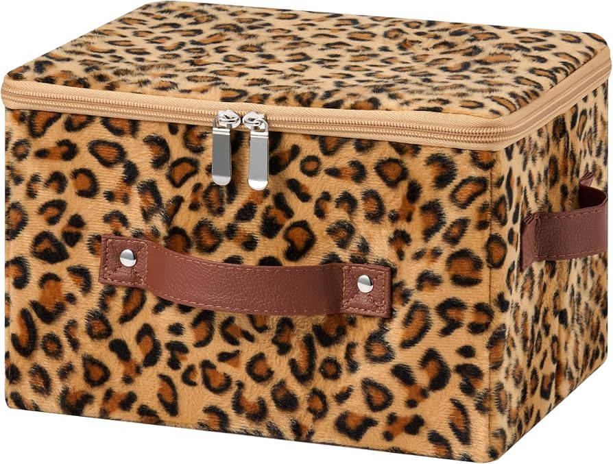 Storage Bins Boxes with Zipper Lid Leopard Print Cute Velvet Fabric Basket PU Leather Handles PP ... | Amazon (US)