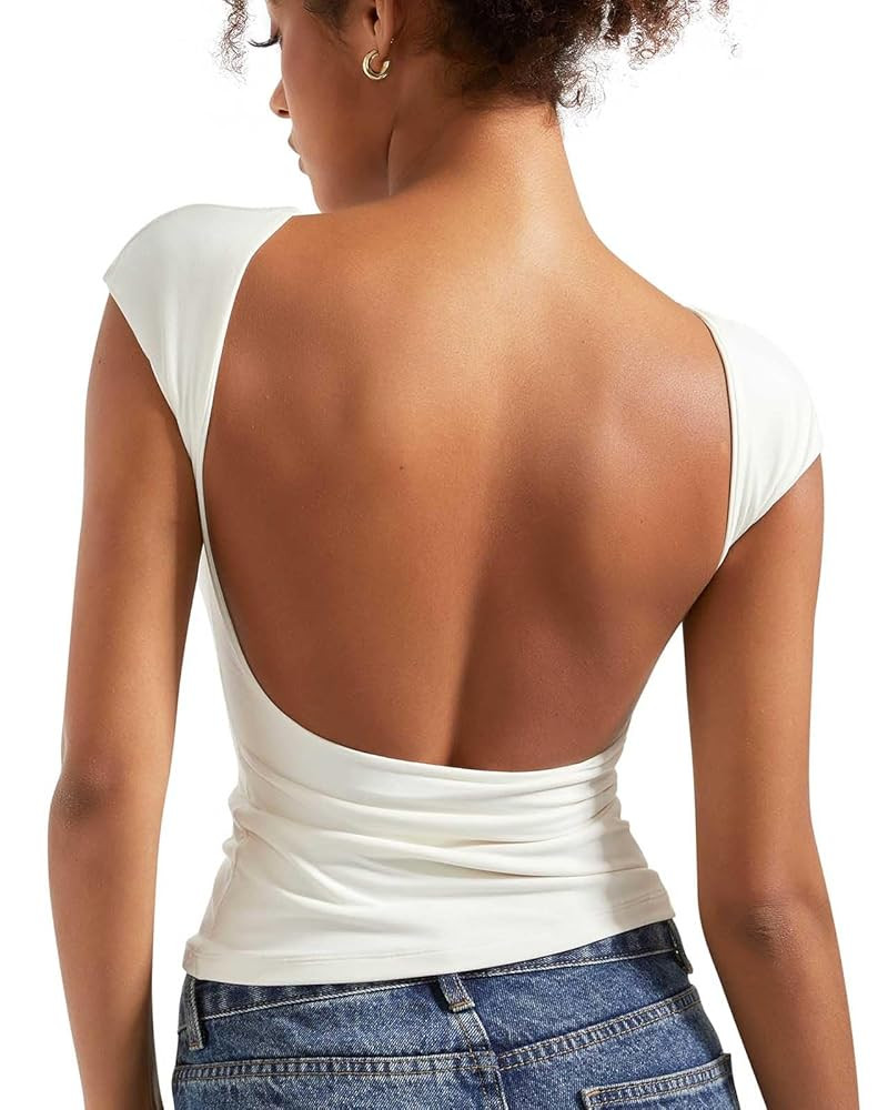 SUUKSESS Women Backless Sexy Going Out Tops Double Lined Open Back Y2k Basic Tee Shirts | Amazon (US)