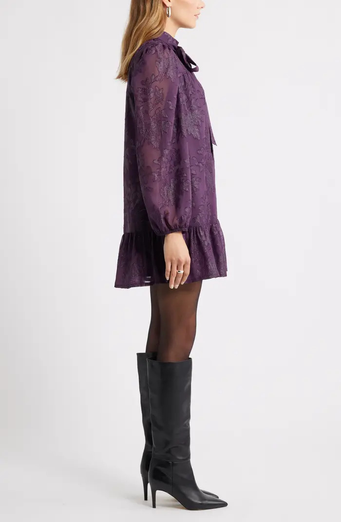 Metallic Floral Jacquard Long Sleeve Shift Minidress | Nordstrom