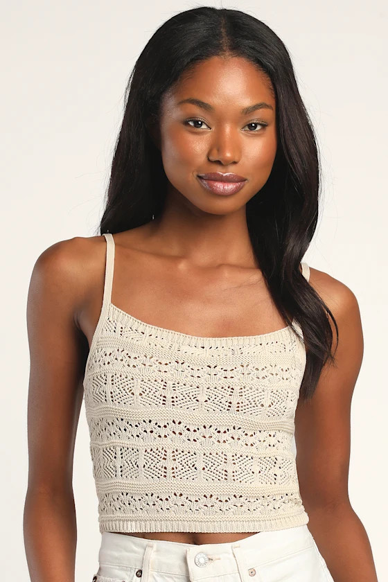 Don't Miss the Pointelle Beige Cropped Loose Knit Tank Top | Lulus (US)