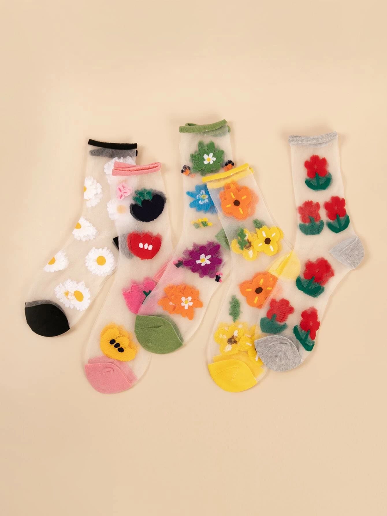 5pairs Floral Pattern Mesh Socks | SHEIN