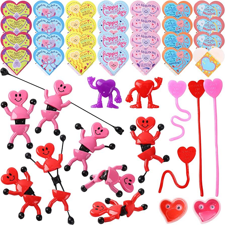 28 Packs Valentine Sticky Toys Wall Climber with Heart Boxes Smiley Face Wall Climbing Men Toys for  | Amazon (US)