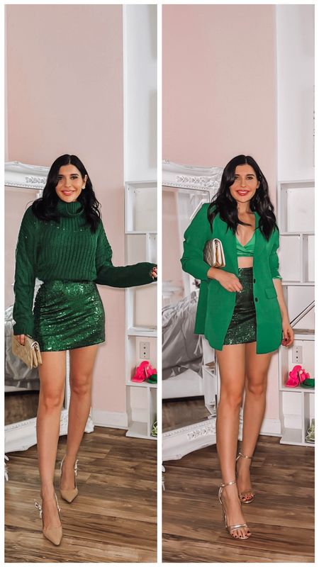 Green sequin Christmas skirt worn in two ways, from casual to party Christmas outfit 🎄

#LTKHoliday #LTKstyletip #LTKfindsunder50