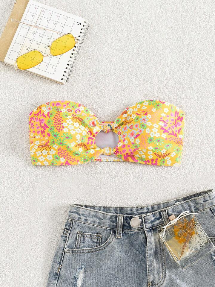 Floral Print Ring Linked Bandeau Bikini Top | SHEIN