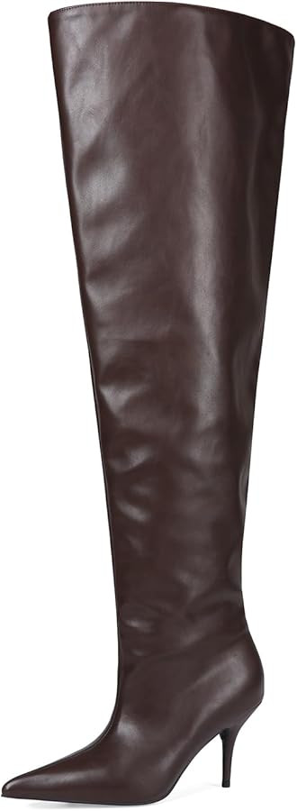 Women's Wide Calf Thigh High Heeled Boots Stiletto Cone Heel Boots Pointed Toe Pull On Black Boot... | Amazon (US)