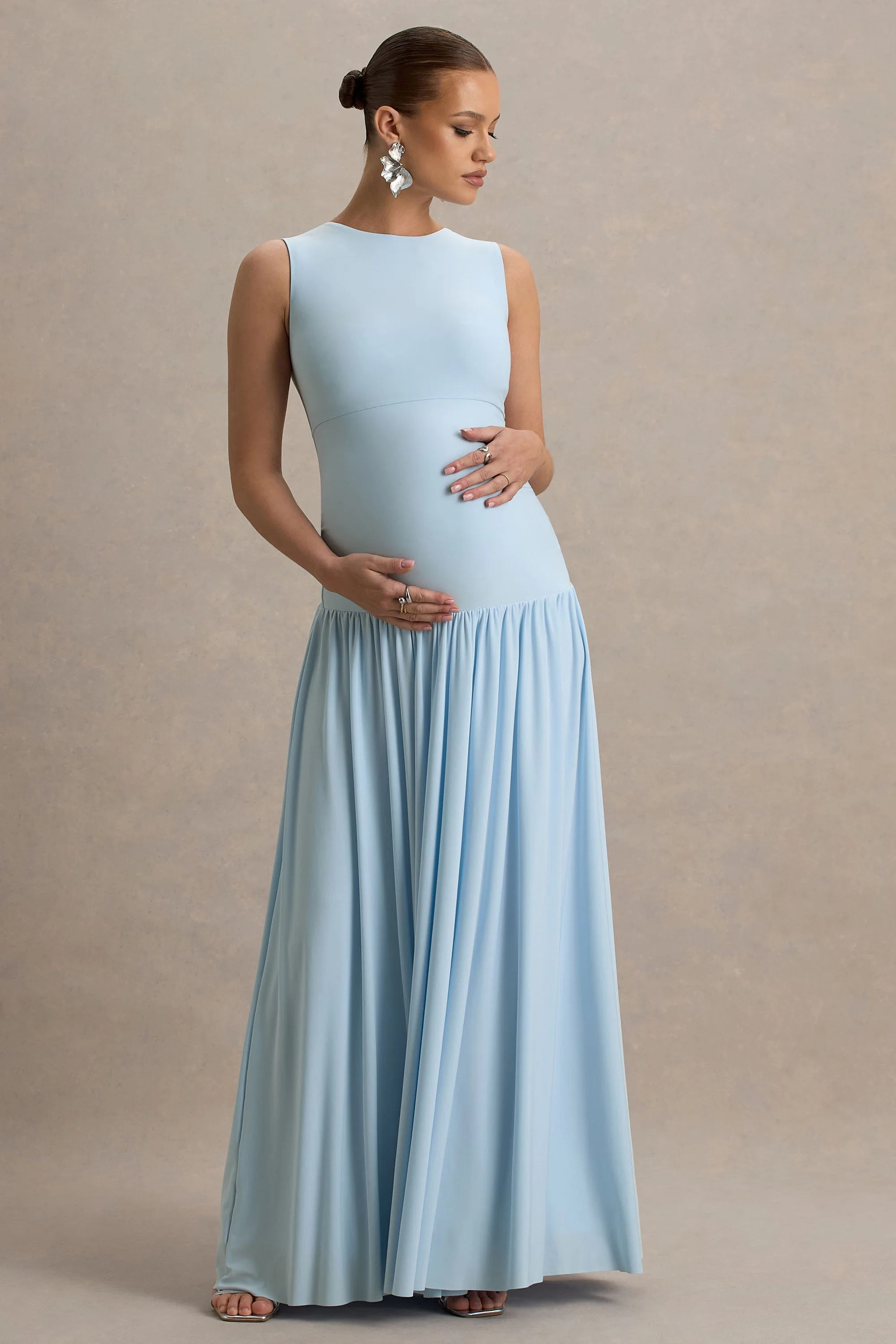 Outline | Powder Blue Crew-Neck Maternity Maxi Dress With Pleated Skir | Club L London