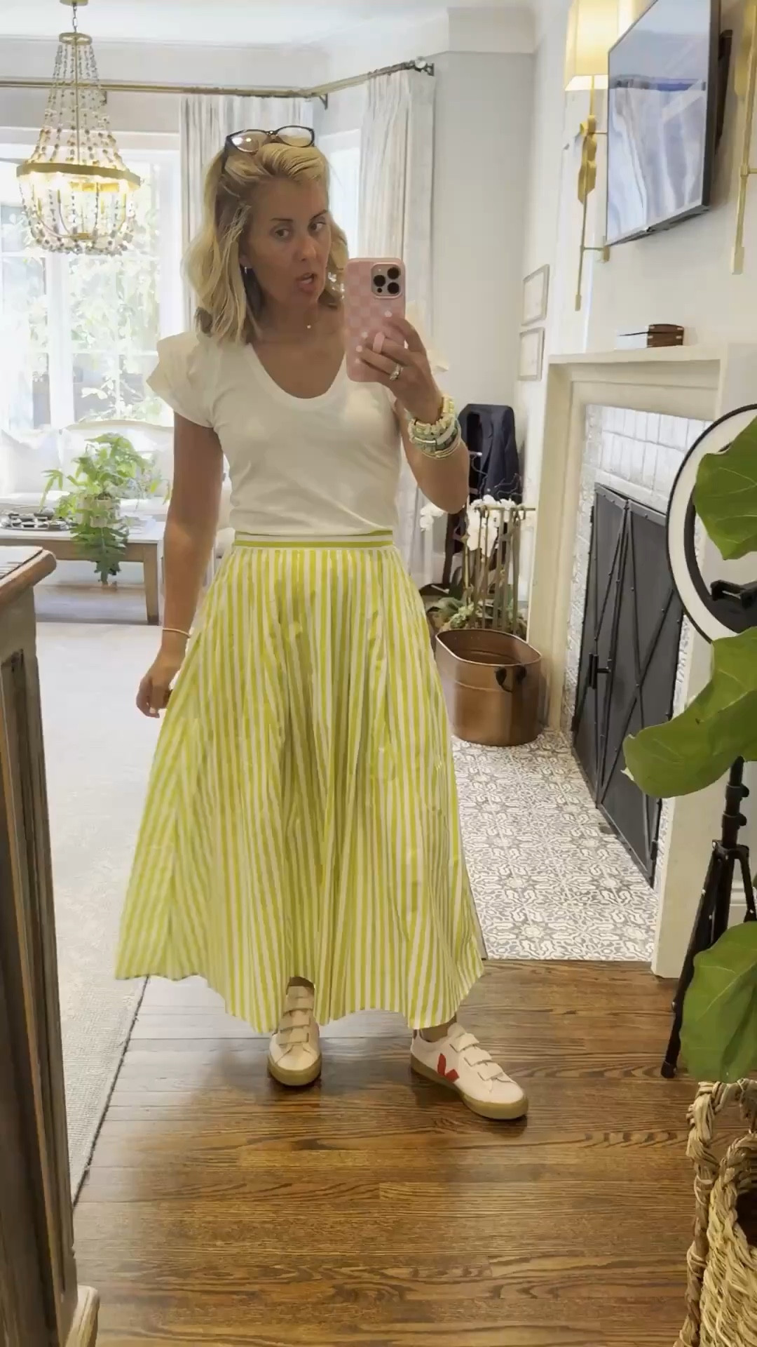 OOTD….the ruffle tee that looks like a top & dresses up this maxi skirt. This citron  color is everywhere!! I’m in a xs tee, small skirt & 8 sneaker 

#LTKPetite #LTKdayinmylife #LTKOver40