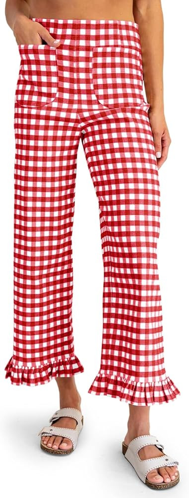 Tankaneo Womens Gingham Pants Summer Casual Ruffle Hem Elastic Waist Lounge Pants Y2k Plaid Trous... | Amazon (US)