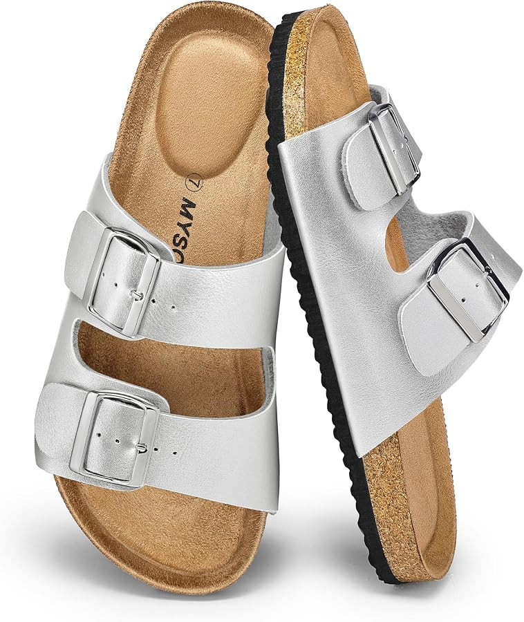 mysoft Womens Flat Sandals Cork Footbed Slides 2 Straps Adjustable Buckle Slip On Summer with +Co... | Amazon (US)