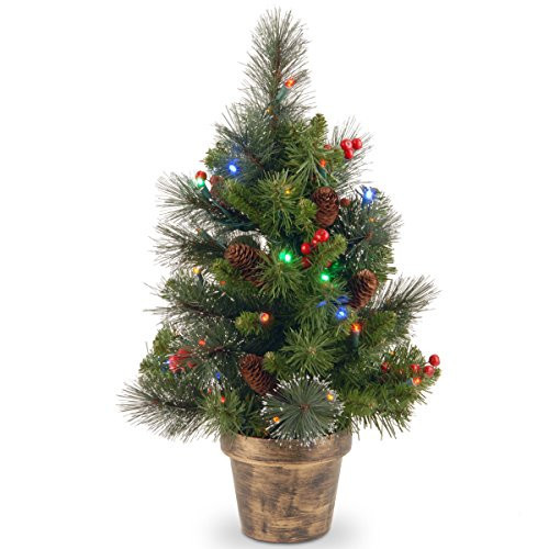 National Tree Company Pre-Lit Artificial Mini Christmas Tree, Green, Crestwood Spruce, Multicolor Lights, Decorated with Pine Cones, Berry Clusters, Frosted Branches, Includes Pot Base, 2 Feet | Amazon (US)