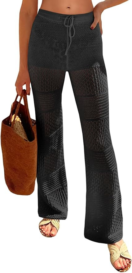 Saodimallsu Womens Beach Cover Up Pants Crochet Mesh Sheer High Waisted Drawstring Swimsuit Pants | Amazon (US)