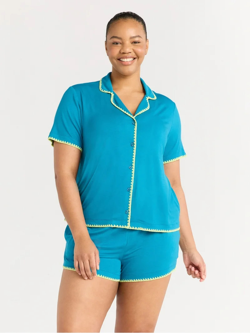 Joyspun Women’s Short Sleeve Notch Top and Shorts Pajama Set with Blanket Stitching, Sizes XS-3... | Walmart (US)