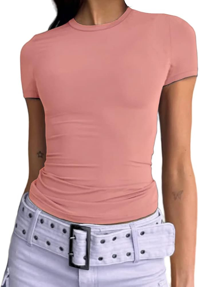 Women's Casual Basic Going Out Crop Tops Slim Fit Short Sleeve Crew Neck Tight T Shirts | Amazon (US)