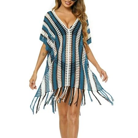 Dmagnates Women Crochet Cover Ups Loose Beach Blouse Dress with Striped Pattern Splicing Tassel Deep | Walmart (US)