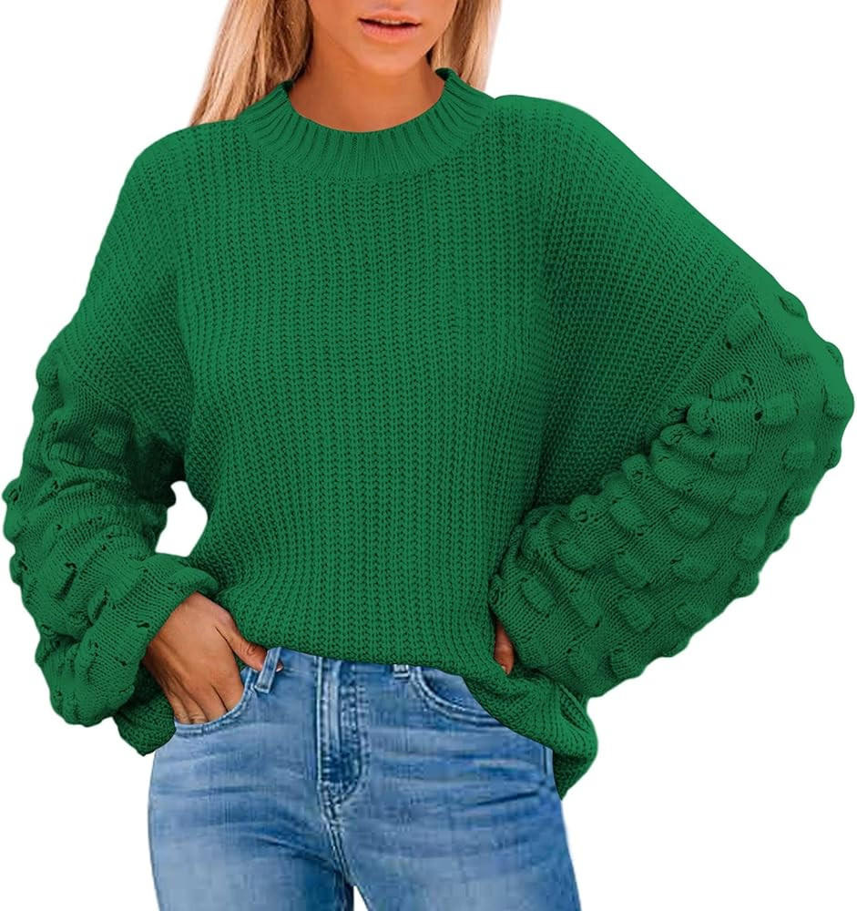 Sovoyontee Women's Cute Oversized Crewneck Loose Puff Sleeves Chunky Knit Pullover Sweater | Amazon (US)