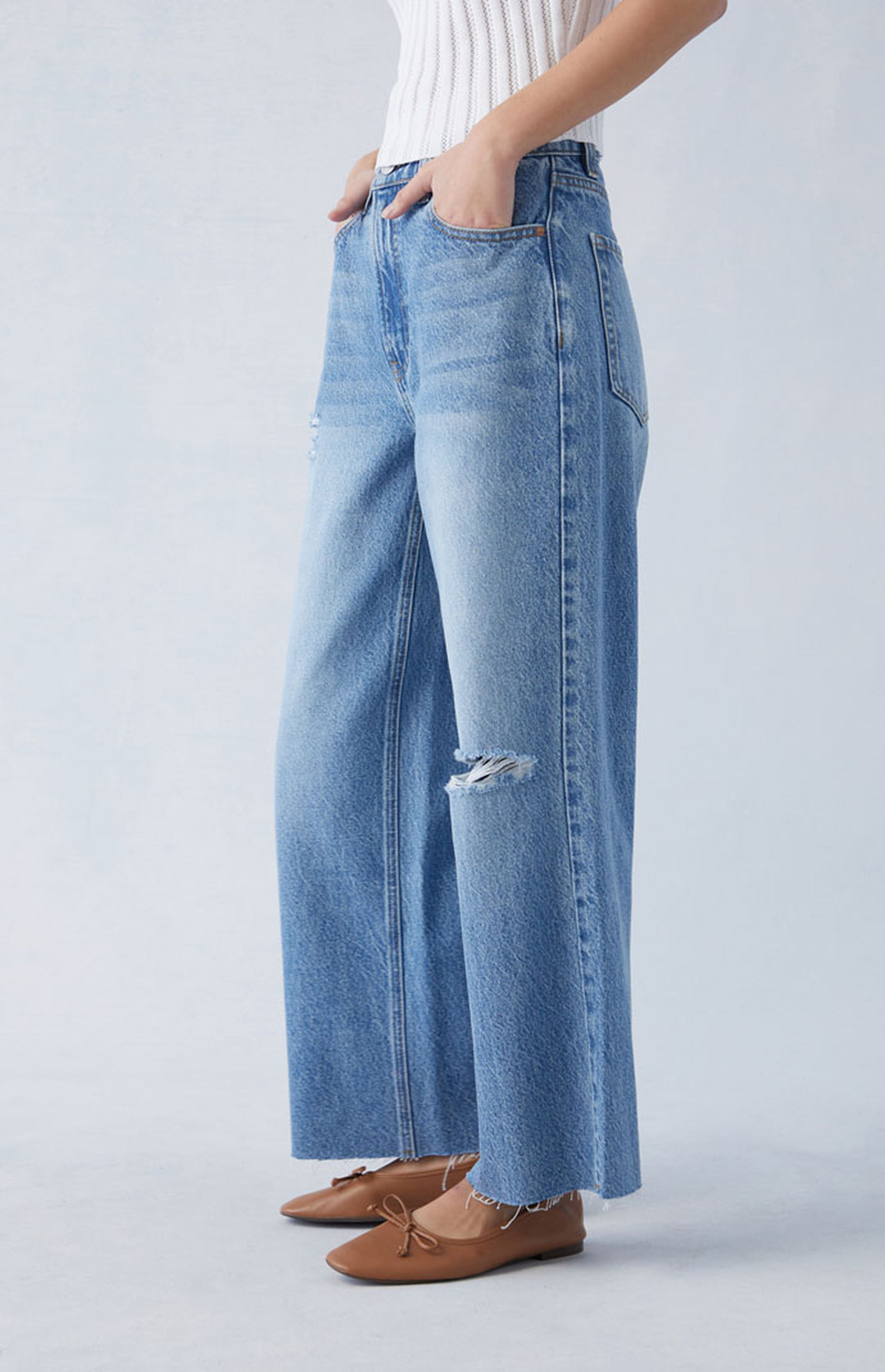 PacSun Eco Medium Indigo Ripped Cropped Wide Leg Jeans | PacSun