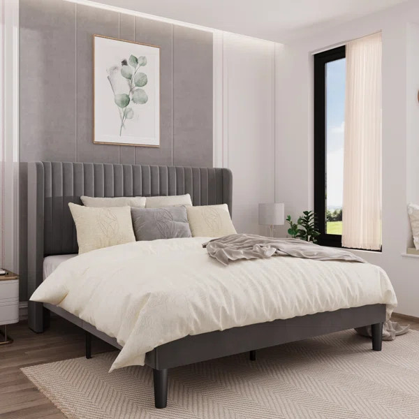 Candler Velvet Upholstered Platform Bed with Wingback Headboard and Wooden Slats | Wayfair North America