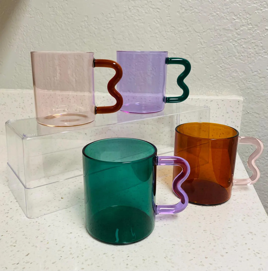 Squiggle Wavy Retro Handle Multi Color Borosilicate Glass Clear Transparent Cup Mug Green Pink Am... | Etsy (US)