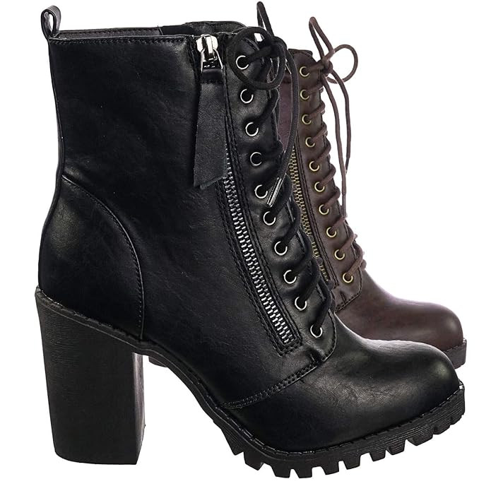 Soda Malia Vegan Round Toe Stacked Lug Heel Lace Up Ankle Booties | Amazon (US)