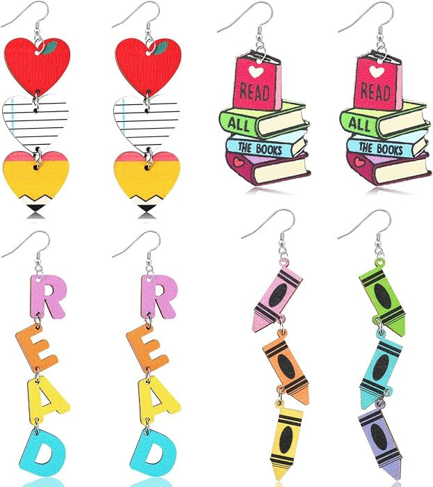 4 Pairs Teacher Earrings for Women, Pencil Book Reading Wooden Earrings | Amazon (US)