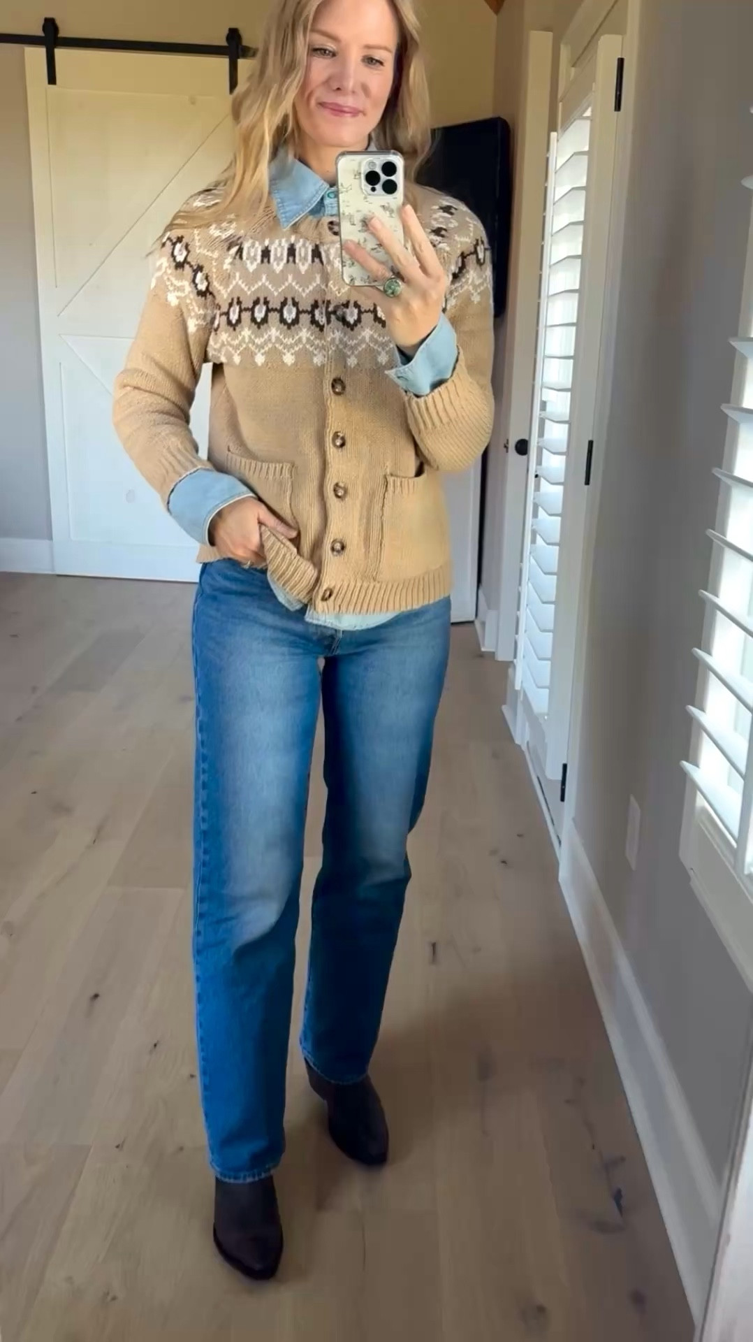 #ootd

Size reference 5’ 9” 140 lbs


Fair isle sweater - small ON SALE FOR $31. This cardi is great quality!! 

Denim western shirt - medium tall 
Old from banana republicc

High rise jeans - 27 x 32

Cowboy boots - sized up 1/2 ON SALE FOR 25% off

Outfit of the jeans. Thanksgiving jeans outfit. Western boots. Western style outfit. Cowboy boots outfit. 

#LTKWatchNow #LTKFindsUnder50 #LTKCyberWeek