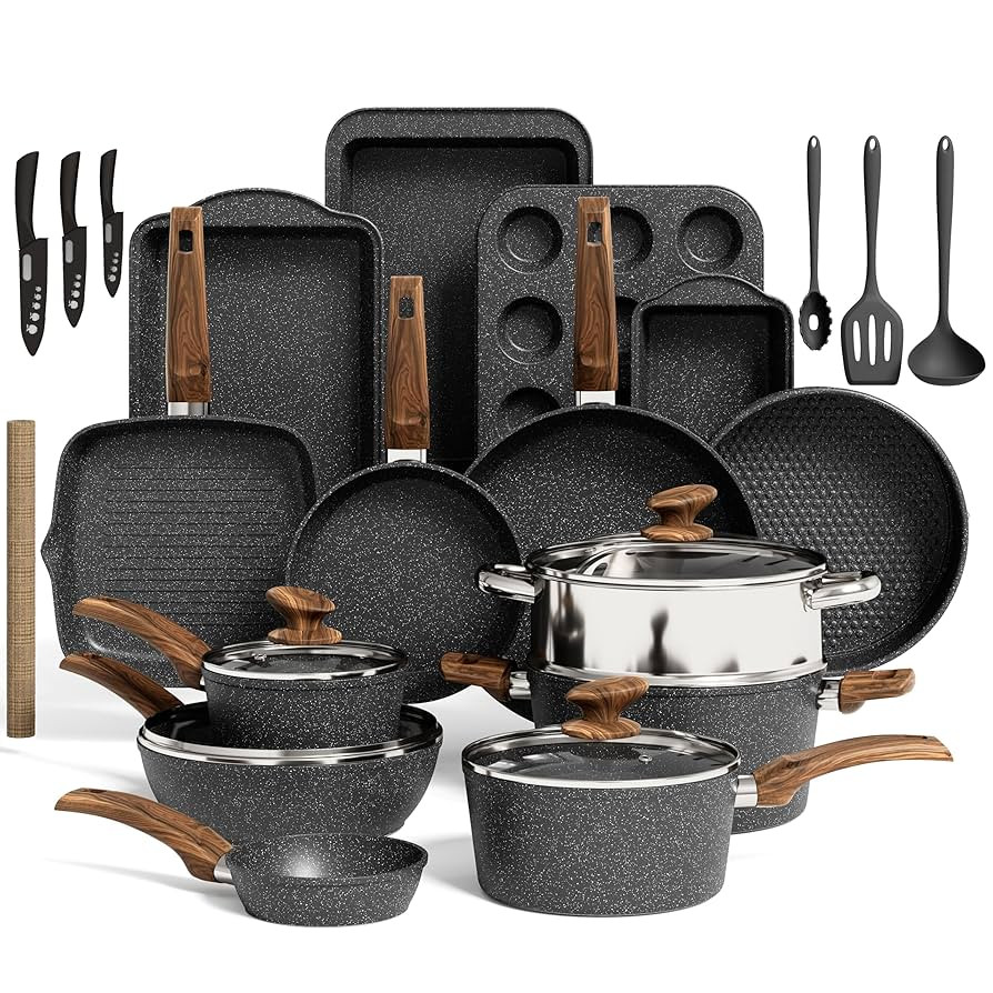 Kitchen Induction Cookware & Bakeware Set - 30 Piece Black Granite Cooking Pans Set, Non-Stick Po... | Amazon (US)