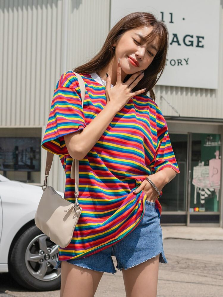 DAZY Rainbow Stripe Drop Drop Shoulder Tee | SHEIN