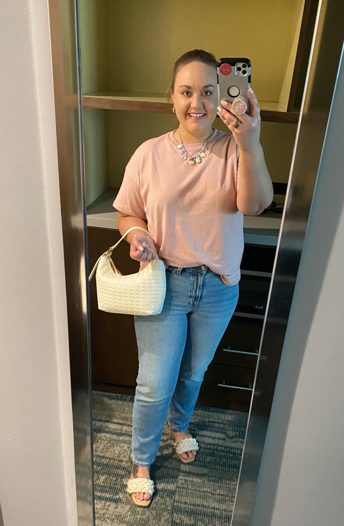 Vintage tee, old navy style, old navy outfit, woven handbag, cream handbag, pink tee, pearl sandals, pearl hair clip, claw clip, slide sandals 

#LTKTravel #LTKMidsize #LTKFindsUnder50