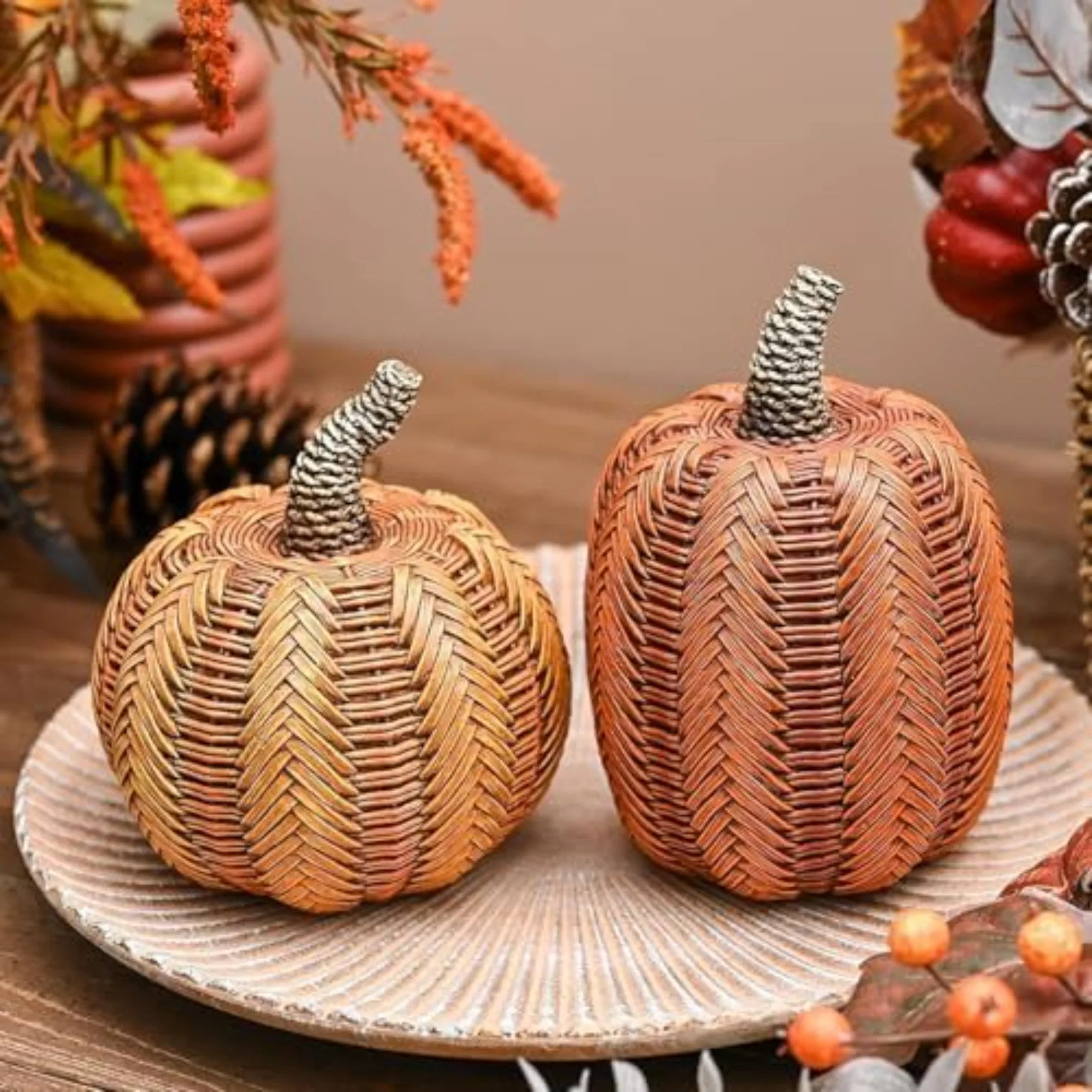 Thanksgiving Fall Decoration For Home Pumpkin Decor, 2Pcs Resin Statue Artificial Rattan Pumpkins... | Wayfair North America