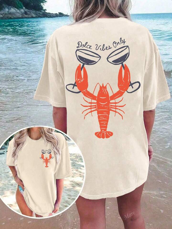 Lobster Illustration Of Sea Salt Soda Flavor, Women's Casual Loose Oversized Round Neck Short Sle... | SHEIN
