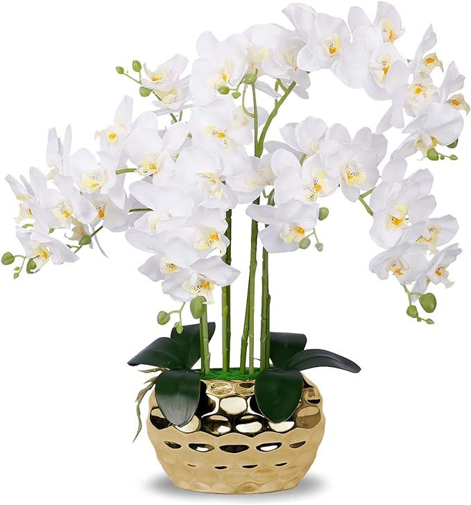 Artificial Orchid in Gold Vase White Silk Faux Orchid Plant in Gold Pot Fake Flower Arrangement W... | Amazon (US)
