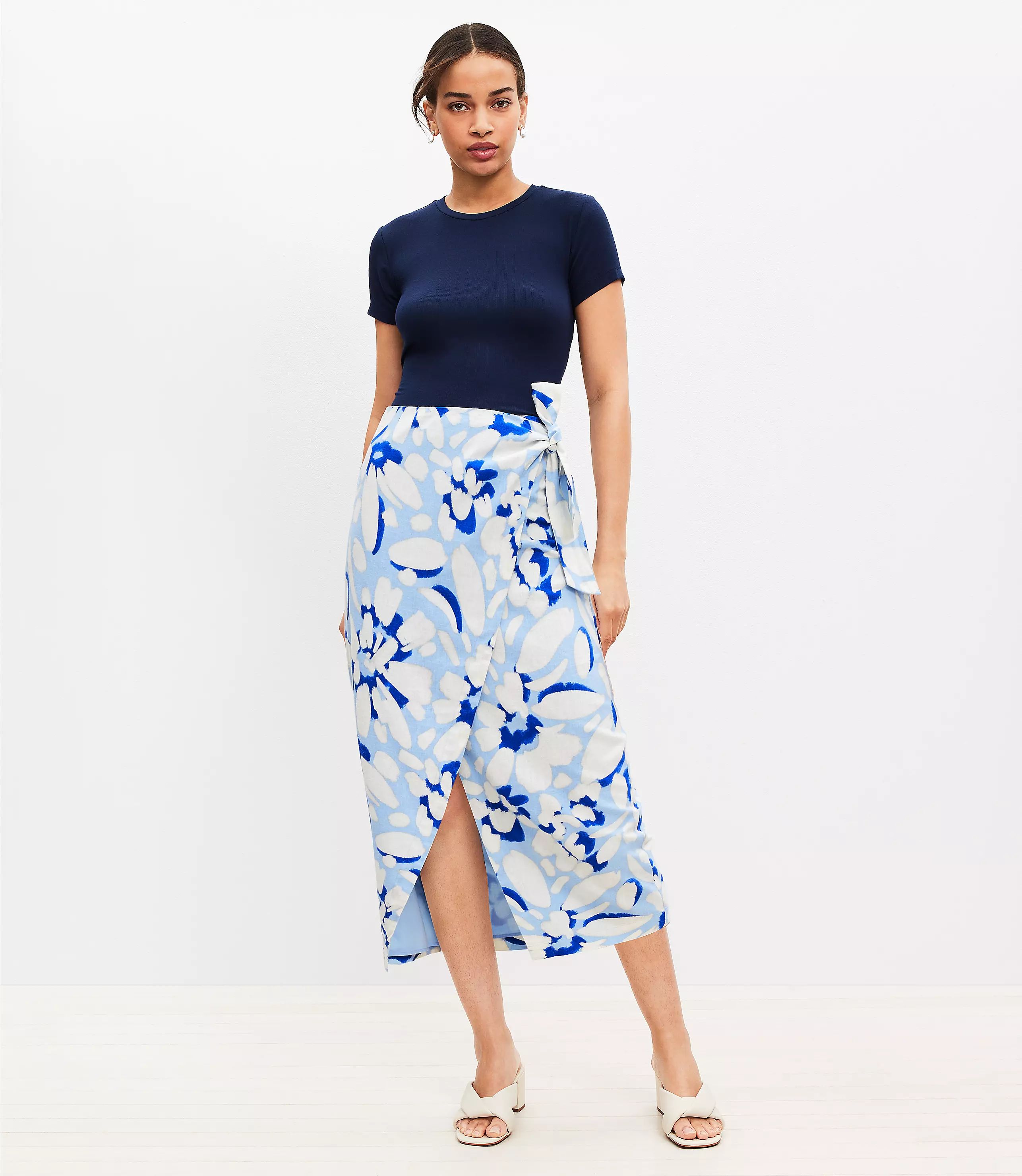 Brushed Daisy Linen Blend Wrap Midi Skirt | LOFT