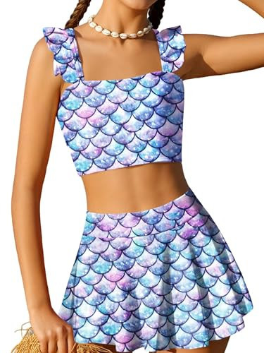 Arshiner Girls Swimsuit 3 Piece Bathing Suits Cute Bikini Tankini Sets Teen Ruffle Swimwear with Cover Up Skirt (Mermaid Blue, 9-10 Years) | Amazon (US)