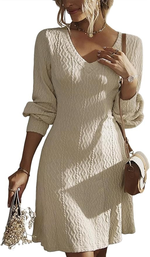 Dokotoo Work Dresses for Women 2024 Trendy Fall Dresses V Neck Knit A Line Long Sleeve Dress Swea... | Amazon (US)