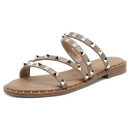 Dream Pairs Women s Clear Studded Rhinestone Slide Sandals Slip on Open Toe Cute Flat Sandals for Summer SDSS2213W NUDE/PU/RIVET Size 9.5 | Walmart (US)