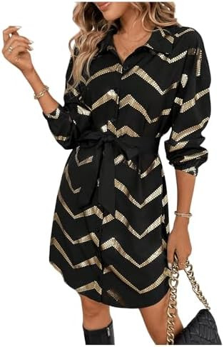 SweatyRocks Women's Metallic Gold Long Sleeve Dresses Cocktail Casino Dress | Collar Shirtdress, ... | Amazon (US)