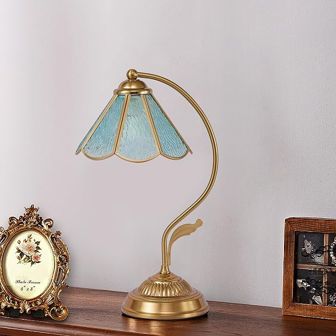 CXWV Vintage Desk Lamp Handmade Colored Glaze Table Lamp ​​Bule Flower Lampshade with Metal L... | Amazon (US)