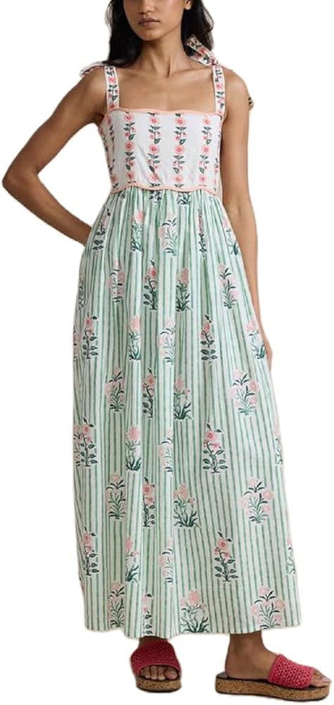 Women Y2k Boho Maxi Dress Floral Tie Shoulder Spaghetti Strap Long Dress Summer Backless Beach Fl... | Amazon (US)