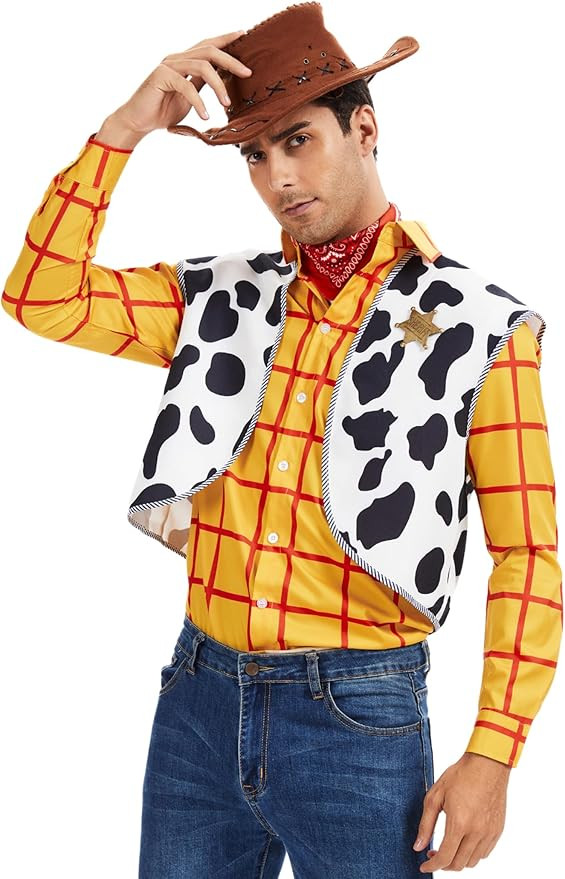 Men's Halloween Woody Cowboy Costume Set Yellow Red Plaid Shirt with Cow Print Vest Long Sleeve S... | Amazon (US)