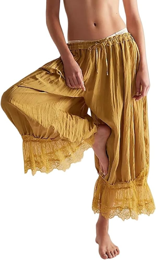 UAURORAO Women Lace Trim Long Bloomers Elastic Mid Rise Ruffle Pantaloons Cropped Flared Slips Pa... | Amazon (US)