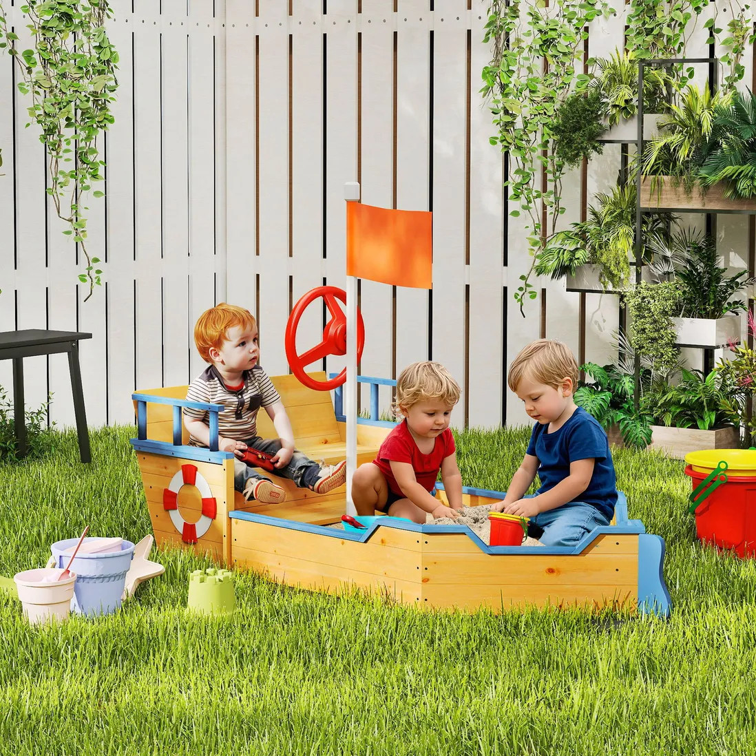 Outdoor Toys | Kids Wooden Sandbox Pirate Ship Sandboat with Bench Seat Storage Space | OUTSUNNY | Debenhams UK