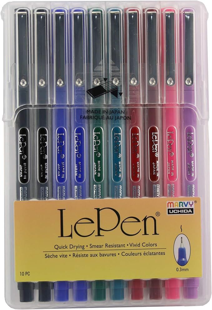 UCHIDA LePen Porous Point Pen, 1 Pack, Black, Blue, Red, Green, Pink, Lavender, Burgundy, 10 Coun... | Amazon (US)